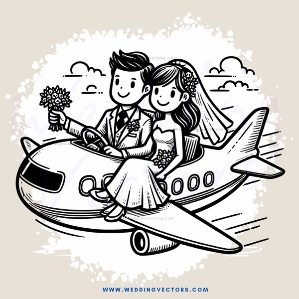 a couple on a plane, drawn in black and white