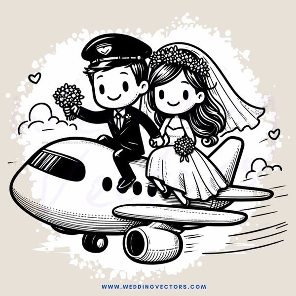 a bride and groom ride an airplane