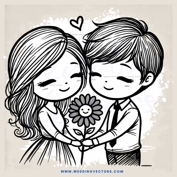 a boy and girl hugging with a flower