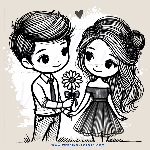 a young couple standing together and holding flowers