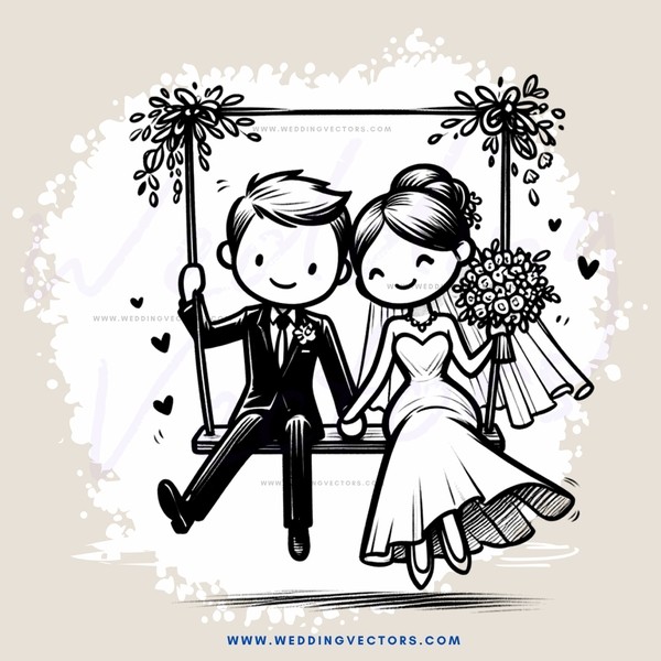 couple on swing in black and white illustration