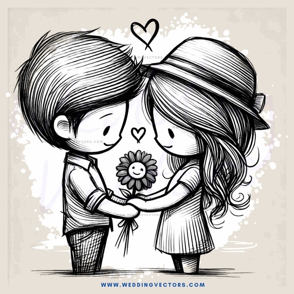 a boy and girl hug with flowers
