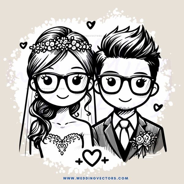 bride and groom with glasses + heart symbols