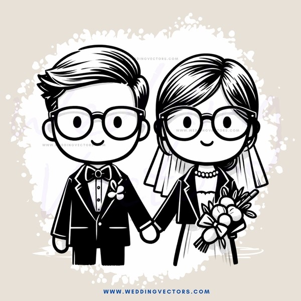 the groom and bride in black and white cartoon