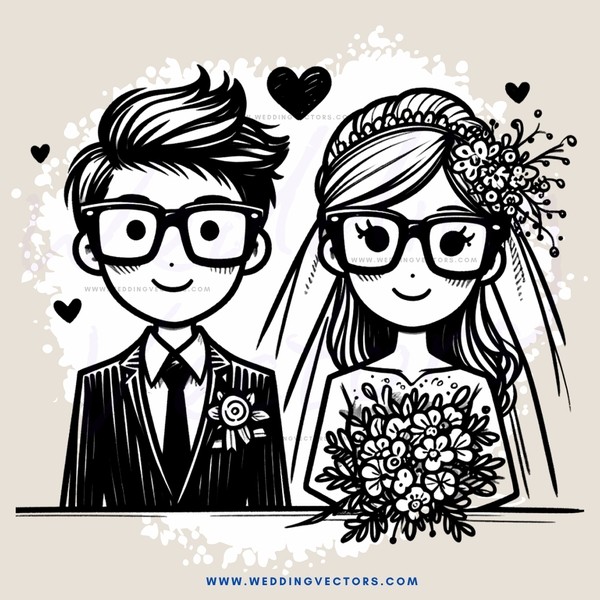 a couple's wedding illustration in black and white