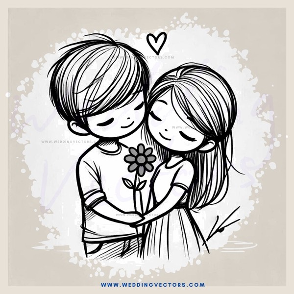 a boy and girl hugging with a flower between their lips