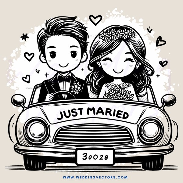 a car with a bride and groom in it