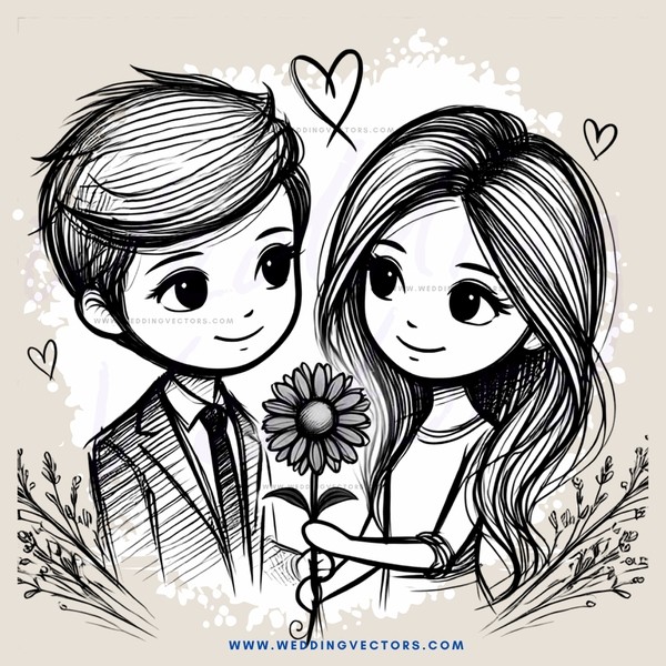 young couple holding flower and smiling