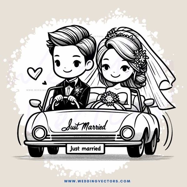 just married couple in car