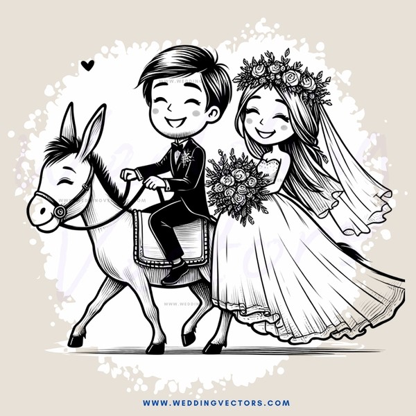 a wedding couple riding on a donkey