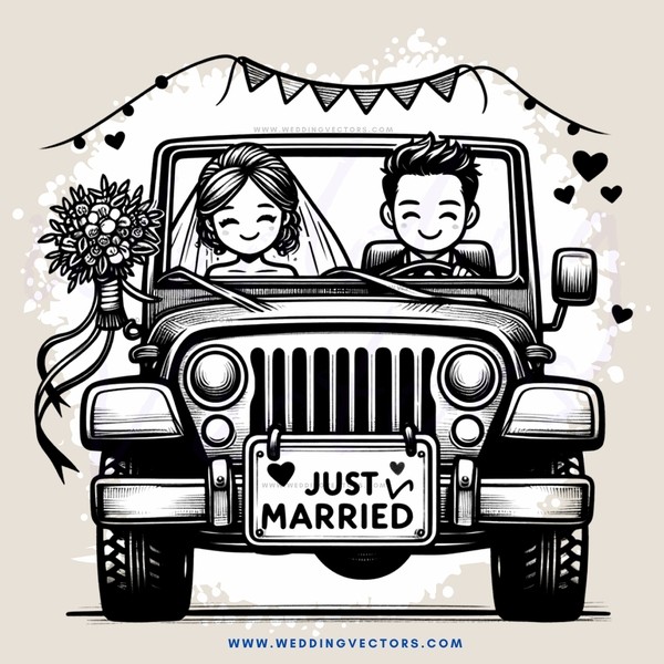 vehicle with bride and groom on top