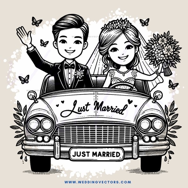 a caricature of a bride and groom in their wedding carriage