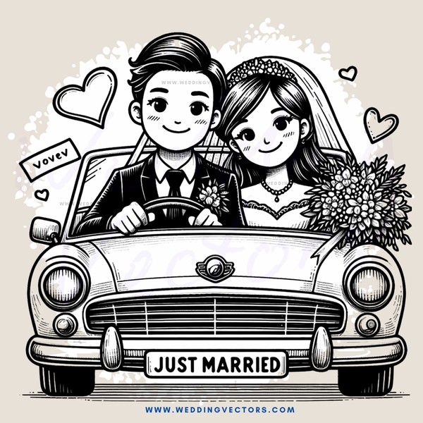 car in cartoon with bride and groom