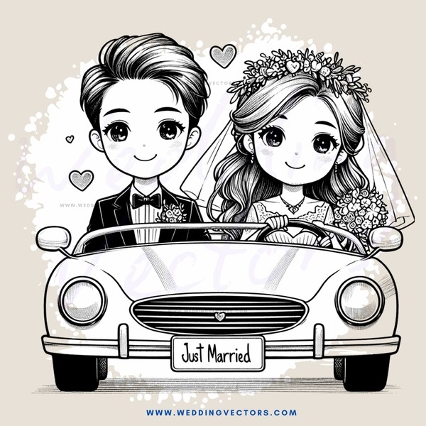 just married cartoon car