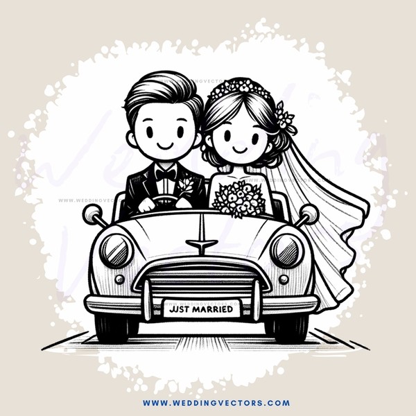 a couple in a car with "just married" written on the license plate