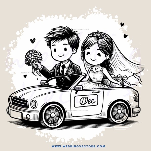 bride and groom in car
