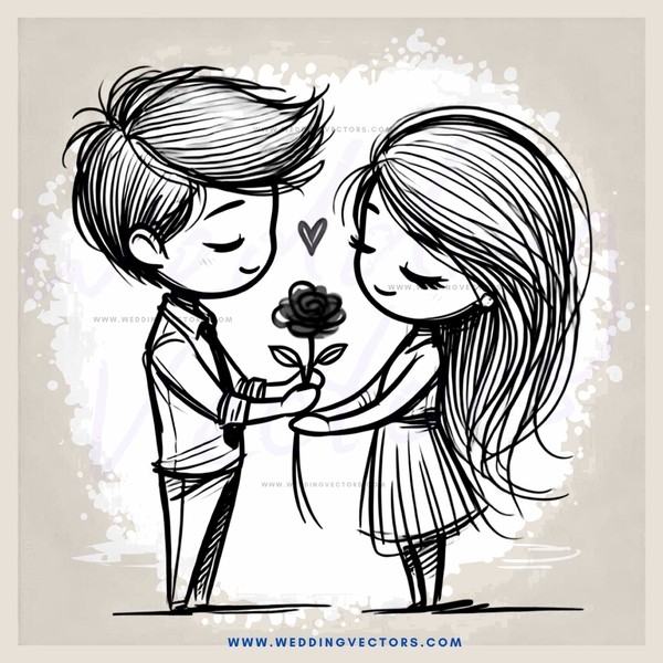cartoon couple holding hands and rose