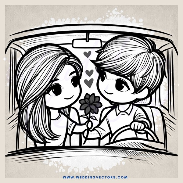 couple sitting in car with flowers and hearts