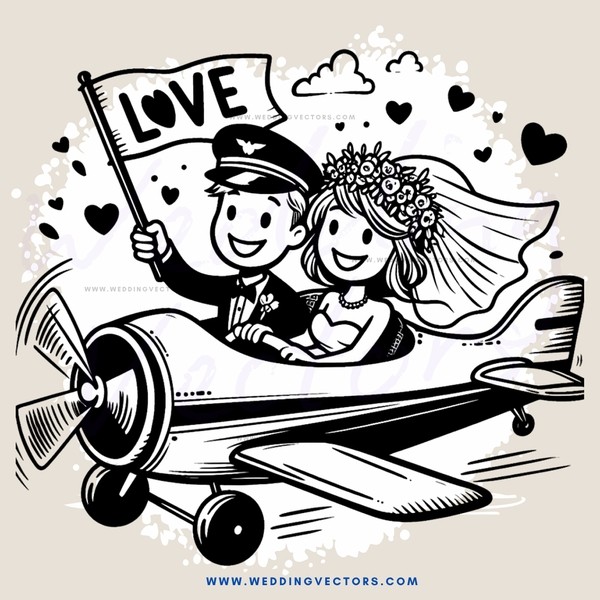 a pilot and his bride on an airplane