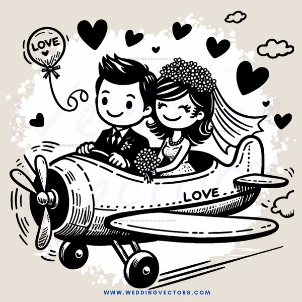 a bride and groom flying in an airplane with love written on it
