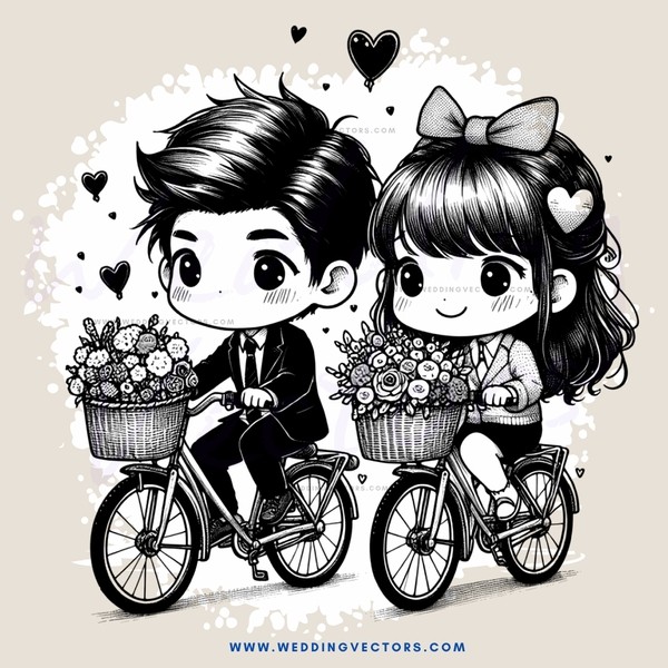 a boy and girl on bikes with flowers
