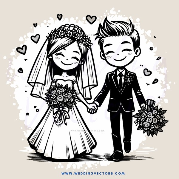 a couple holding flowers and a bride's bouquet