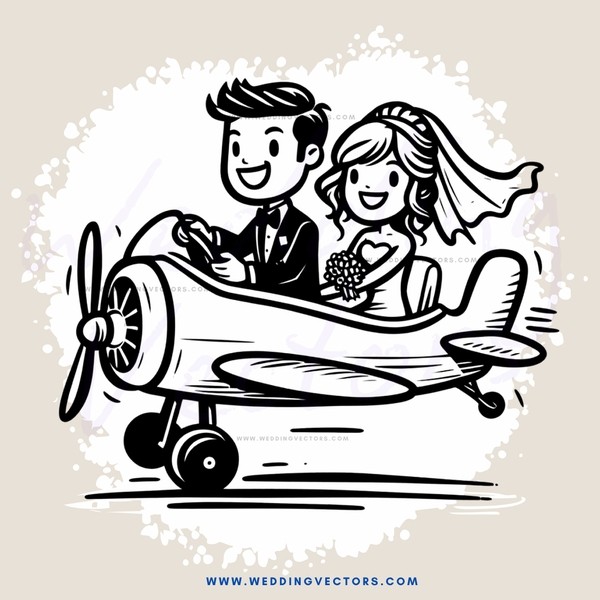 couple flying in plane in cartoon drawing