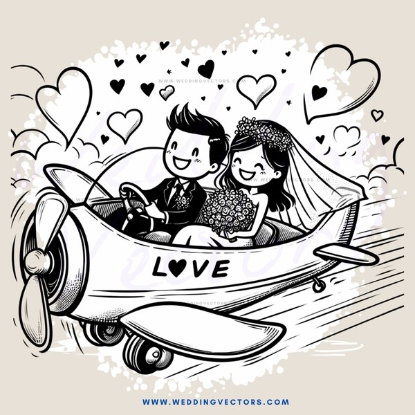 a couple flying in an airplane drawing