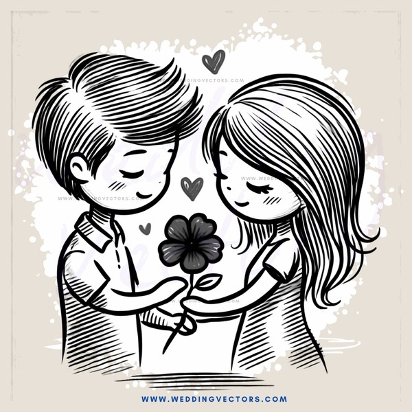 a couple holding each other and a black flower