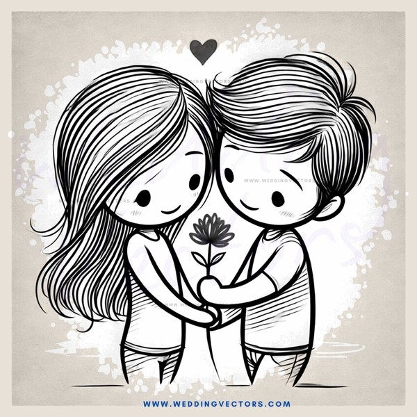 two people hugging with a flower and an heart symbol