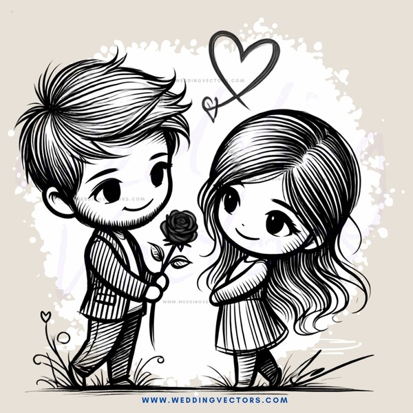 a black and white illustration of a man and woman holding hands