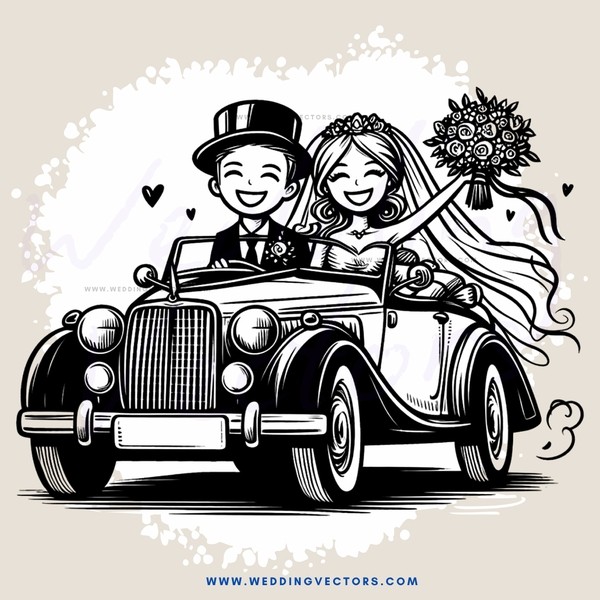 a couple in a car on their wedding day