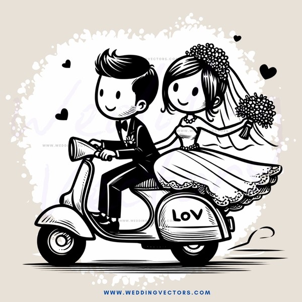 a bride and groom on a scooter