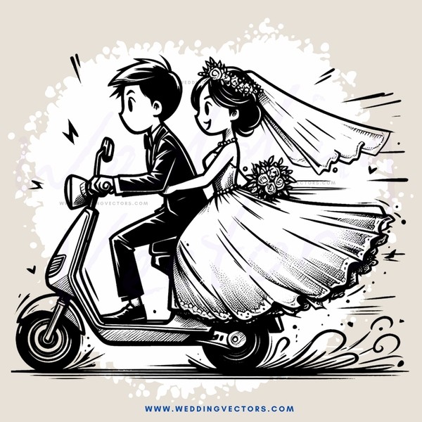 a bride and groom ride on scooters