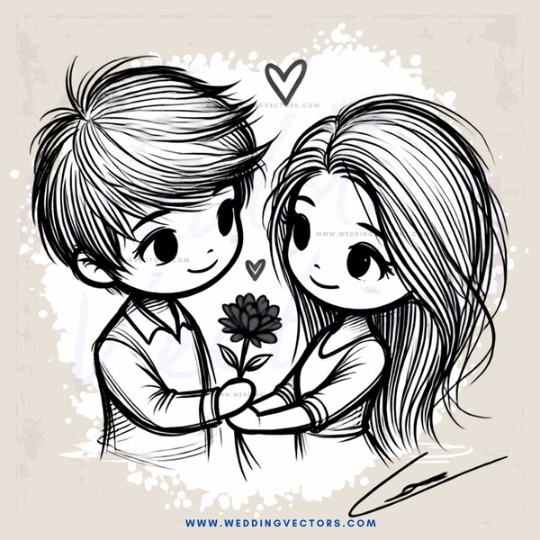 couple holding flowers and hearts