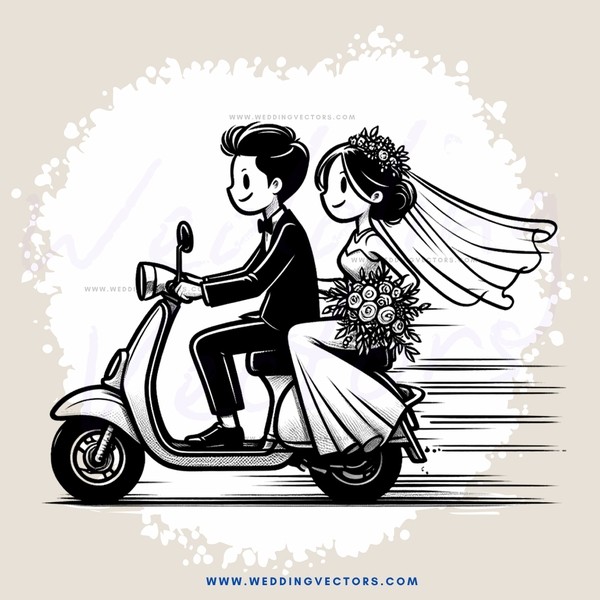 a bride and groom on a scooter