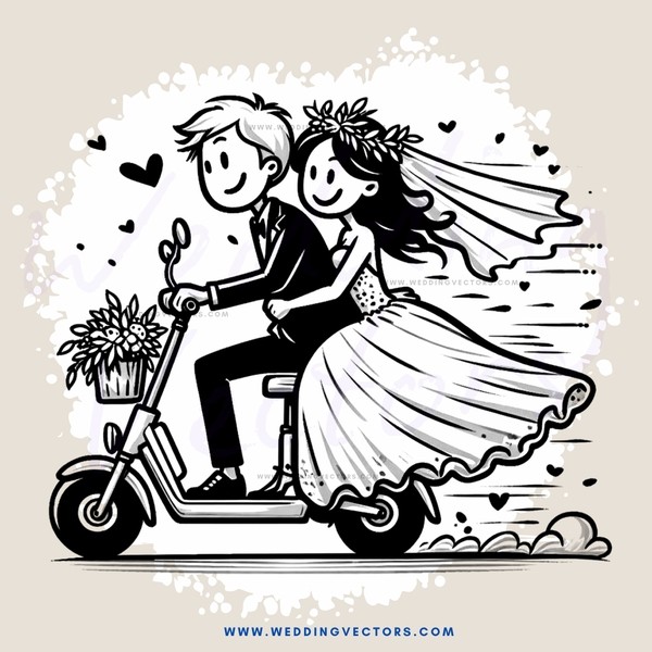 a bride and groom on a scooter