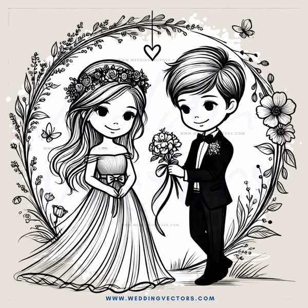 a bride and groom with flowers