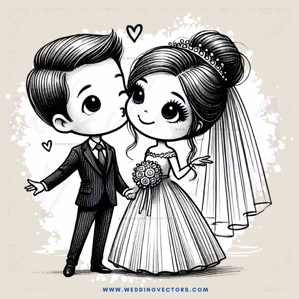 a young couple in wedding attire