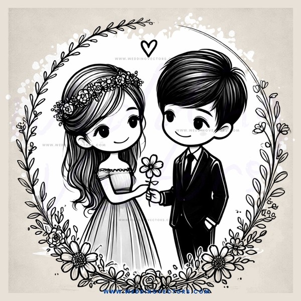 cartoon couple holding flowers
