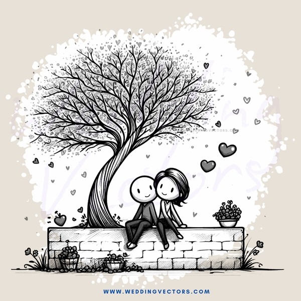 two people on bricks with trees and hearts