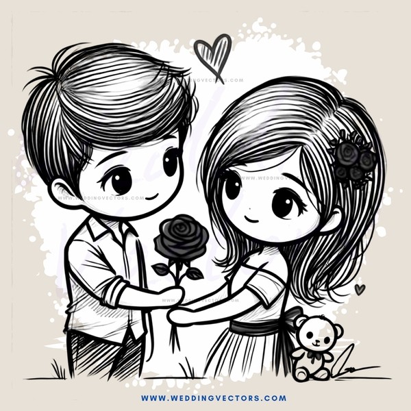 boy and girl holding rose and teddy bear