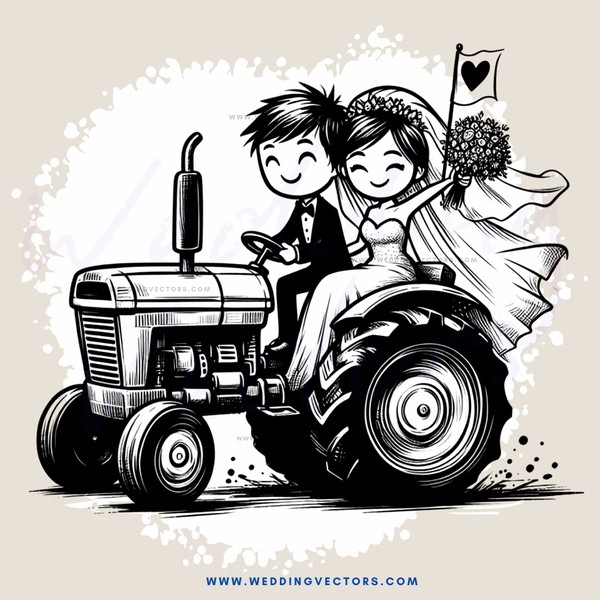 the newlyweds ride in their tractor