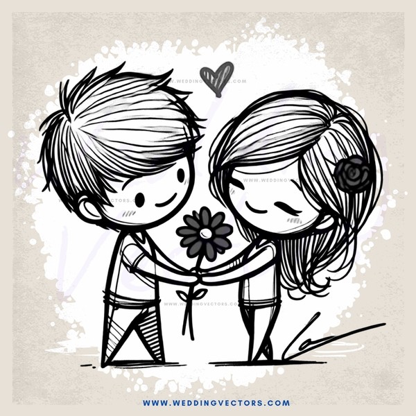 a boy and girl hugging with a flower