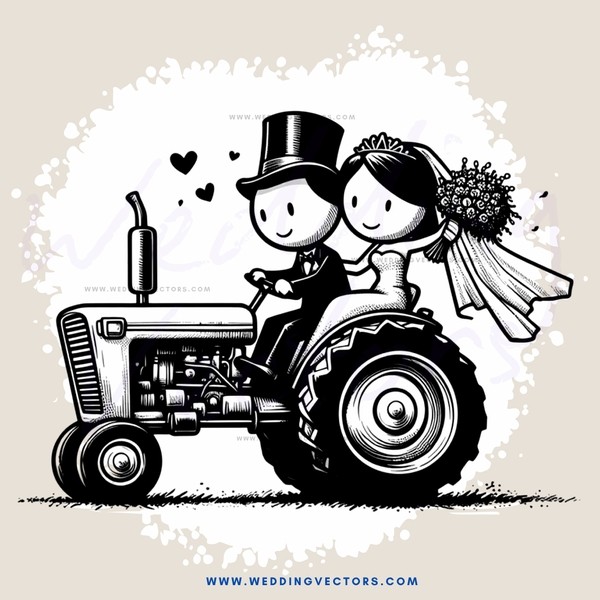 a bride and groom ride in a farm cart