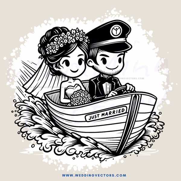 a couple in a boat with "just married" on it
