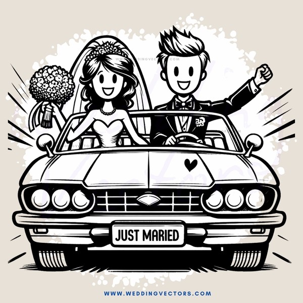a car with a bride and groom in it