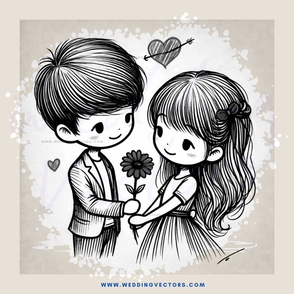 boy and girl with flowers and hearts