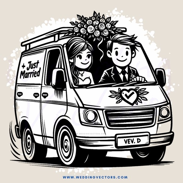 married couple in a van with bride and groom themes