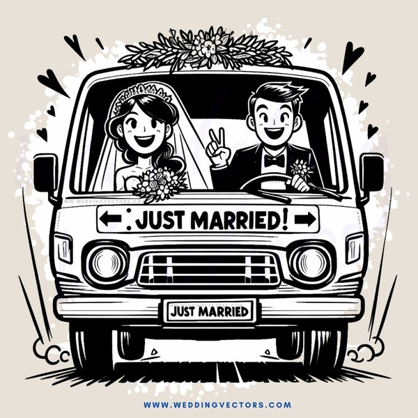 a couple celebrates their marriage in the back of an old fashioned car
